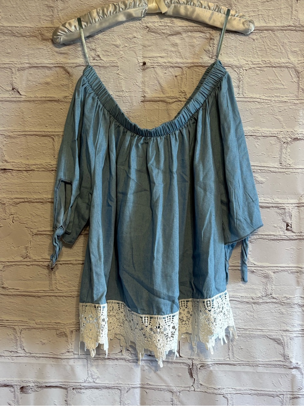 🌿5/$25 Fashion Nova Light Blue Off-Shoulder Tunic with Cream Crochet Hem